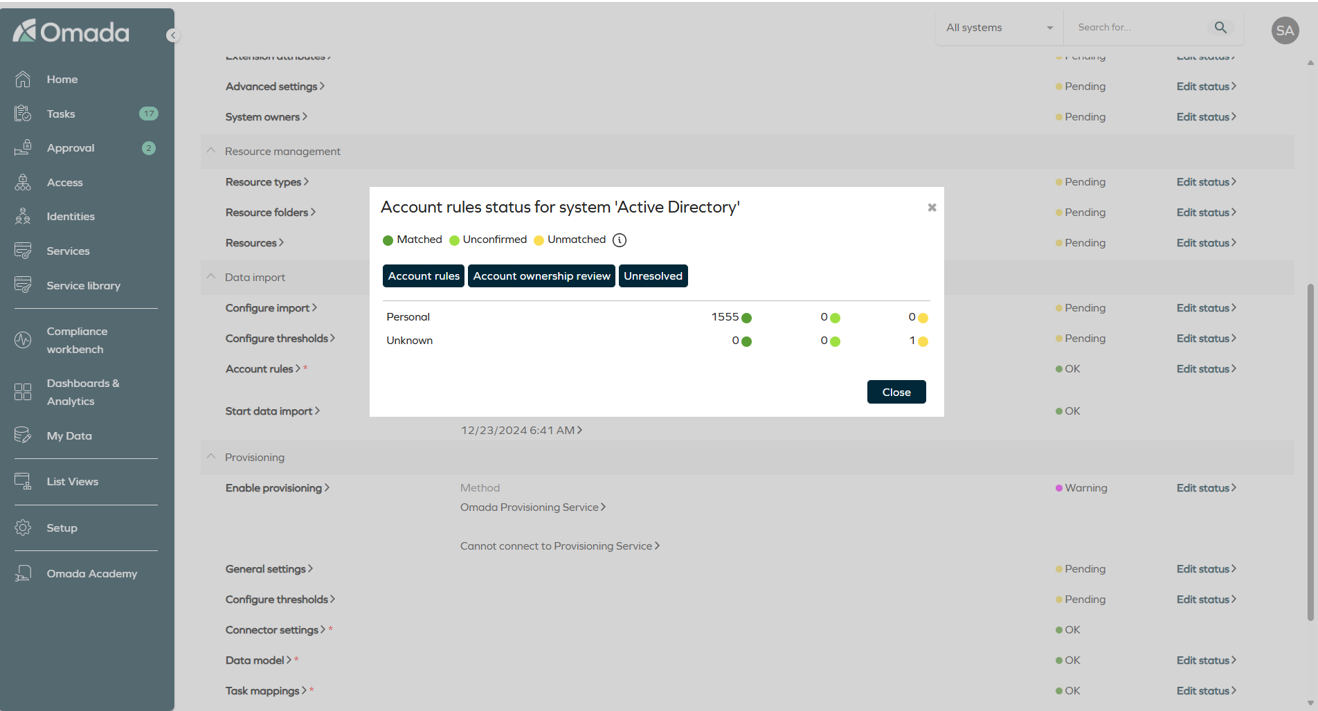 Account rules status for system 'Active Directory' dialog, showing the Account rules, Account ownership review, and Unresolved buttons